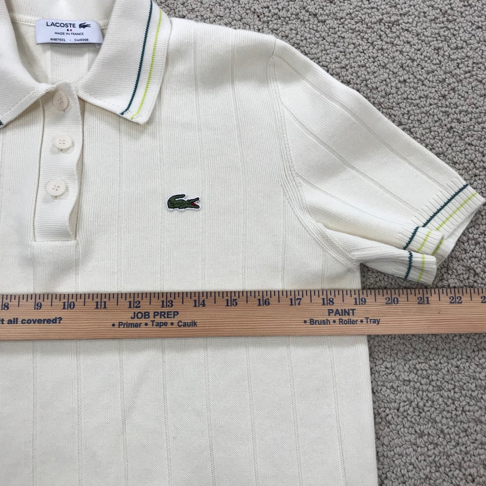 Lacoste Made in France Ribbed Knit Polo Shirt Cream White Green Tipping Size 38 - Picture 7 of 8